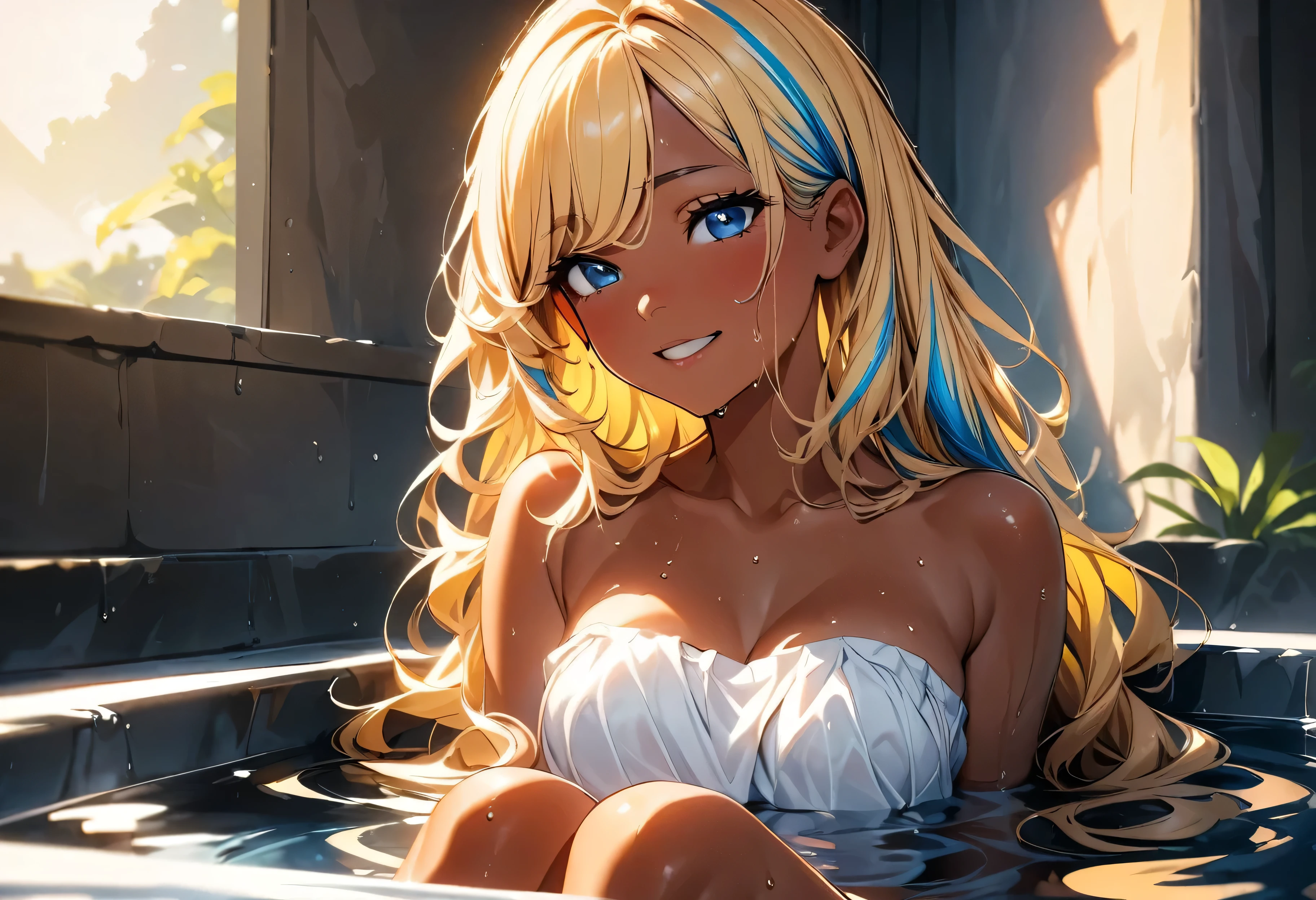 (highest quality:1.2, Very detailed, up to date, Vibrant, Ultra-high resolution, High Contrast, masterpiece:1.2, highest quality, Best aesthetics), Portraiture、girl、slim:1, Bright colors、Beautiful fine details、Beautiful lip detail、long hair, ((wavy hair:0.4))、messy hair, blonde and blue ((streaked hair:1.3)), highlights hair: 1.3, (medium breast:1), (tan skin:1.3), taking a bath, upper body,