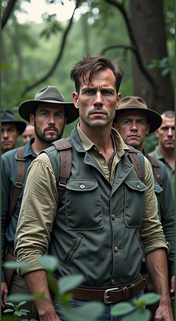 mugshot of men standing in the forest