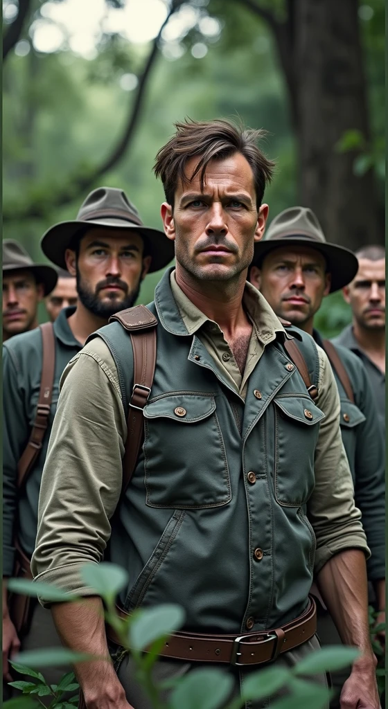 mugshot of men standing in the forest