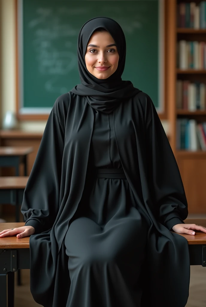 a beautiful hijab-wearing female teacher, wearing a black skirt, sitting on a desk with her legs spread open, detailed portrait, intricate facial features, realistic, photorealistic, (best quality,4k,8k,highres,masterpiece:1.2),ultra-detailed,(realistic,photorealistic,photo-realistic:1.37),professional studio lighting,vivid colors,elegant,thoughtful expression