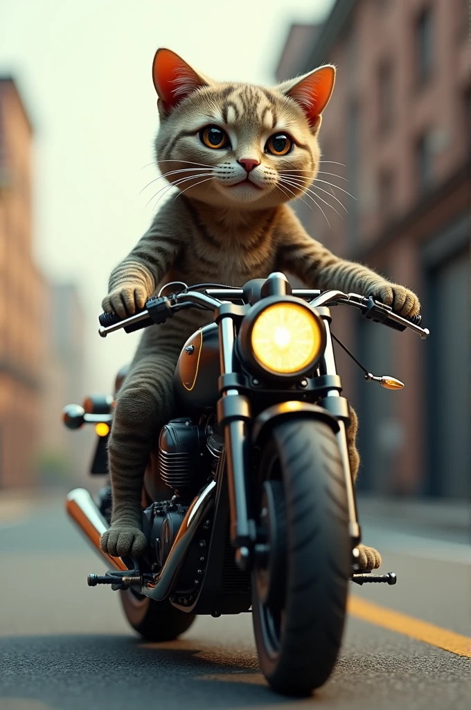 A 3d cat Riding on a moterbike  in human dtyle