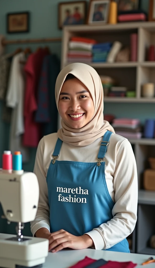 a young woman wearing a hijab who is in a sewing room. The woman wore a cream-colored hijab and clothes with a blue apron with the words "MARETHA FASHION" on the front. In front of him is a sewing machine with the words "INDONESIA," indicating that this is a local product. This room is full of sewing equipment such as spools of thread, cloth, scissors, and various other accessories neatly arranged on the table and walls. In the background, there are several pictures and clothes hanging on the wall, adding to the impression of this room as an active sewing business. This woman appears smiling, creating a friendly and professional atmosphere.