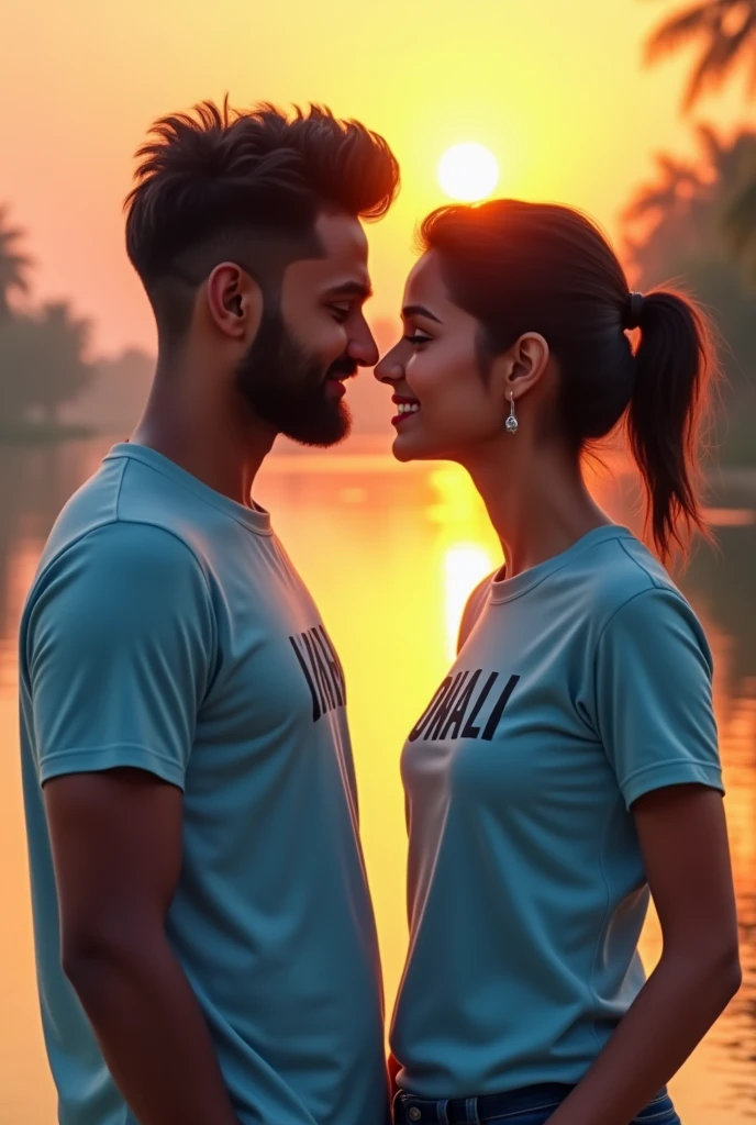 A couple on sunset there have a river and both are wearing a t-shirt and boy t-shirt print with Jay and it's color is light blue and girls t-shirt is printed with Sonali. Face with camera side with love and smile face look each other.and both are having Indian face girl is quite chubby and boy is slim with new growth beard .both have a straight nose