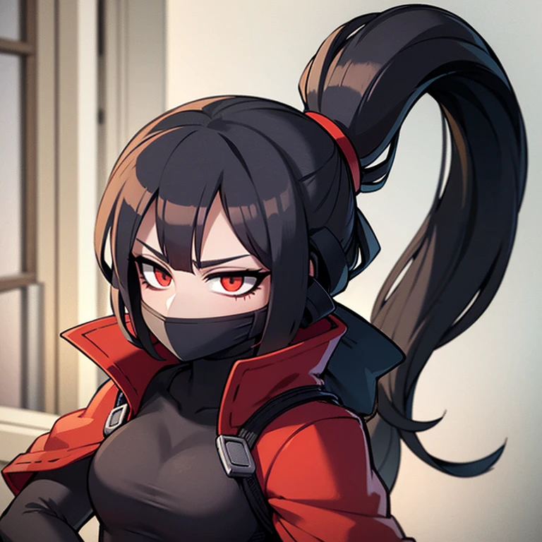 Long black hair kunoichi cyberpunk half face mask