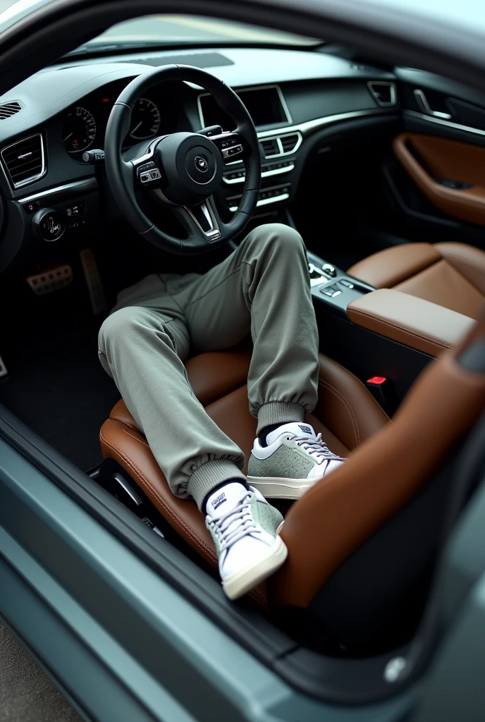 A photo showing brand name pants and sneakers in a car