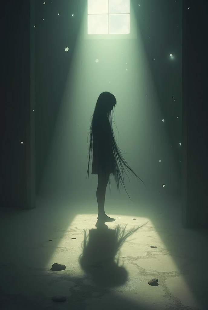 An isolated fantasy girl with long black hair stands alone in a dimly lit room, their shadow stretching long and dark across the floor. The room, though filled with fragments of light, feels heavy and muted. The figure’s gaze is distant, lost in thought, as shards of light seem to float around them, representing their fragile state. The atmosphere is a blend of melancholy and introspection, with a sense of looming fragility.