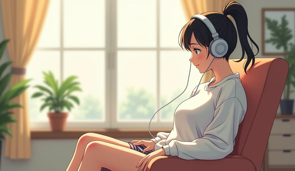 morning、Listen to music in the room、Sit on a chair、high school girl、Big Breasts、 relax、White sweatshirt、ponytail、Wireless headphones, Bright environment、2D-style animation, Lo-Fi、Retro、Anime style illustrations、Line art with clear outlines