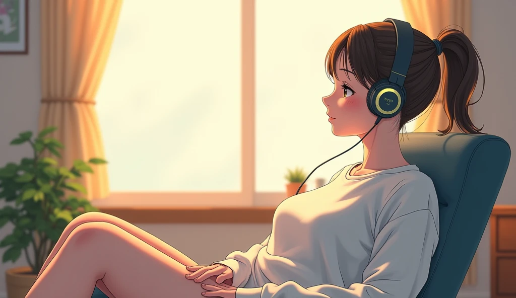 morning、Listen to music in the room、Sit on a chair、high school girl、Big Breasts、 relax、White sweatshirt、ponytail、Wireless headphones, Bright environment、2D-style animation, Lo-Fi、Retro、Anime style illustrations、Line art with clear outlines