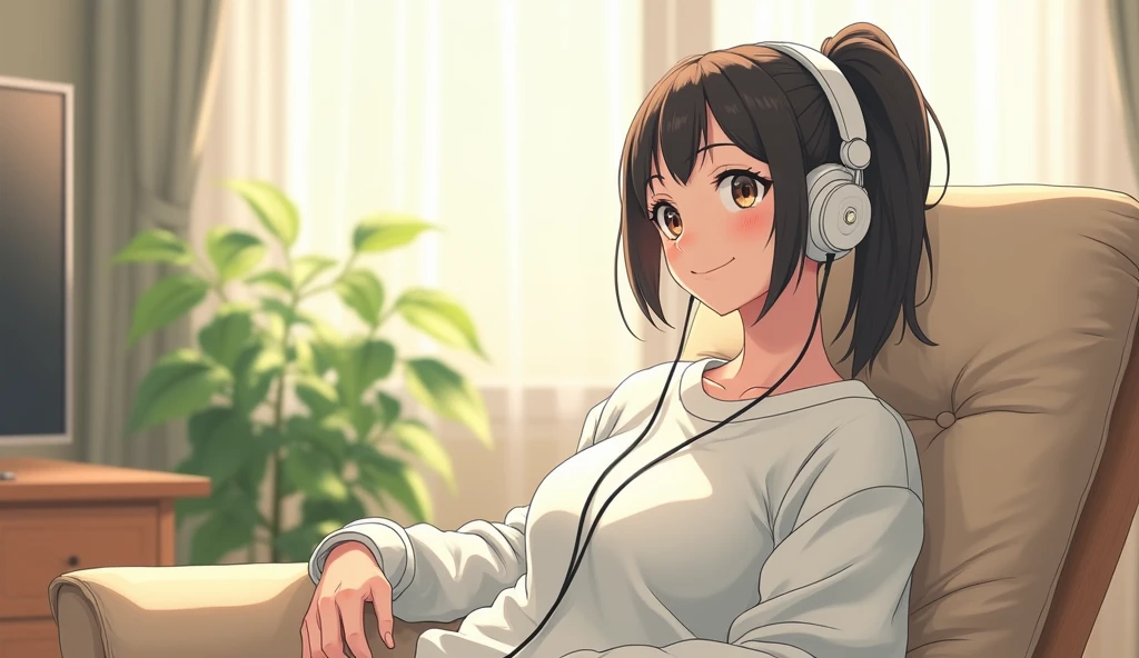 morning、Listen to music in the room、Sit on a chair、high school girl、Big Breasts、 relax、White sweatshirt、ponytail、Wireless headphones, Bright environment、2D-style animation, Lo-Fi、Retro、Anime style illustrations、Line art with clear outlines