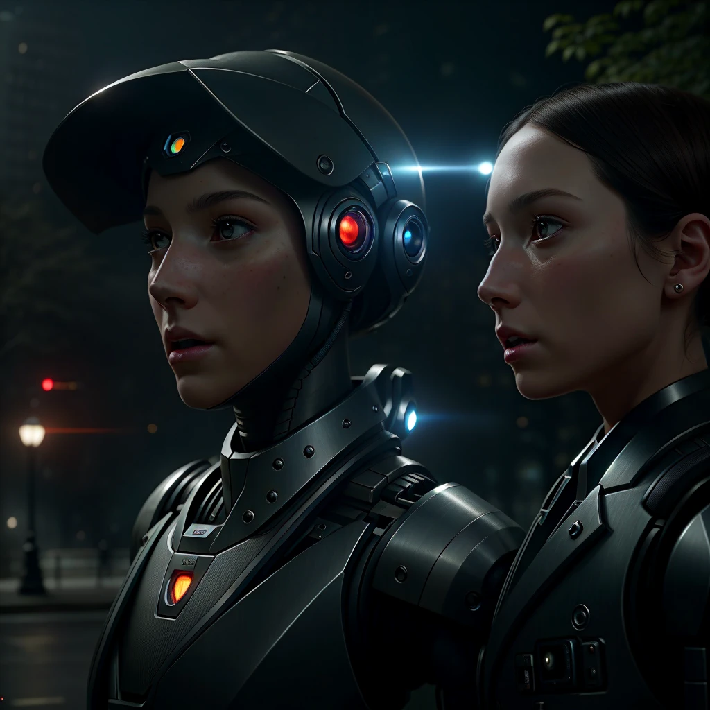 "An Enhanced robot human guest meets a girl" in a city park environment, humanoid Highly detailed, Extremely detailed, delicate detail, crisp quality, ultra realistic, surrealism, Dark art, Cinematic, thousand., A still from Steven Spielberg's epic film, sharp-focus, Smoke, fog background, ArtStation Hyperrealism Painting Concept Art Detailed Character Design