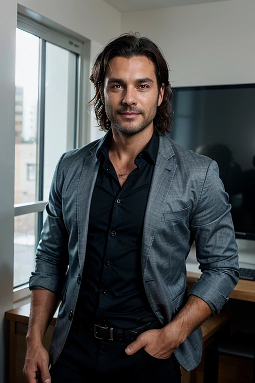 Handsome Man 40 years old, lean muscular body, tan skin olive, his eyes are blue, 1.90m, his hair is dark brown with natural waves that flow down his shoulders, stubble unshaved, wearing a black blazer, blue shirt, black pants, laughing while using a computer