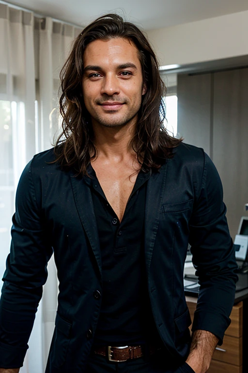 Handsome Man 40 years old, lean muscular body, tan skin olive, his eyes are blue, 1.90m, his hair is dark brown with natural waves that flow down his shoulders, stubble unshaved, wearing a black blazer, blue shirt, black pants, laughing while using a computer