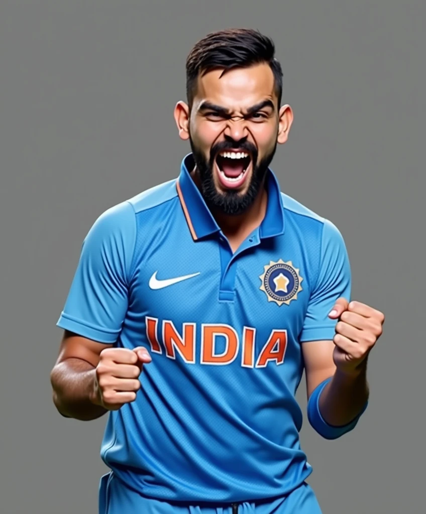 Cricket player Virat Kohli celebrates with drop shadow, anaglyph, stereogram, tachi-e, ass pov, atmospheric perspective, 8k, super detail, best quality