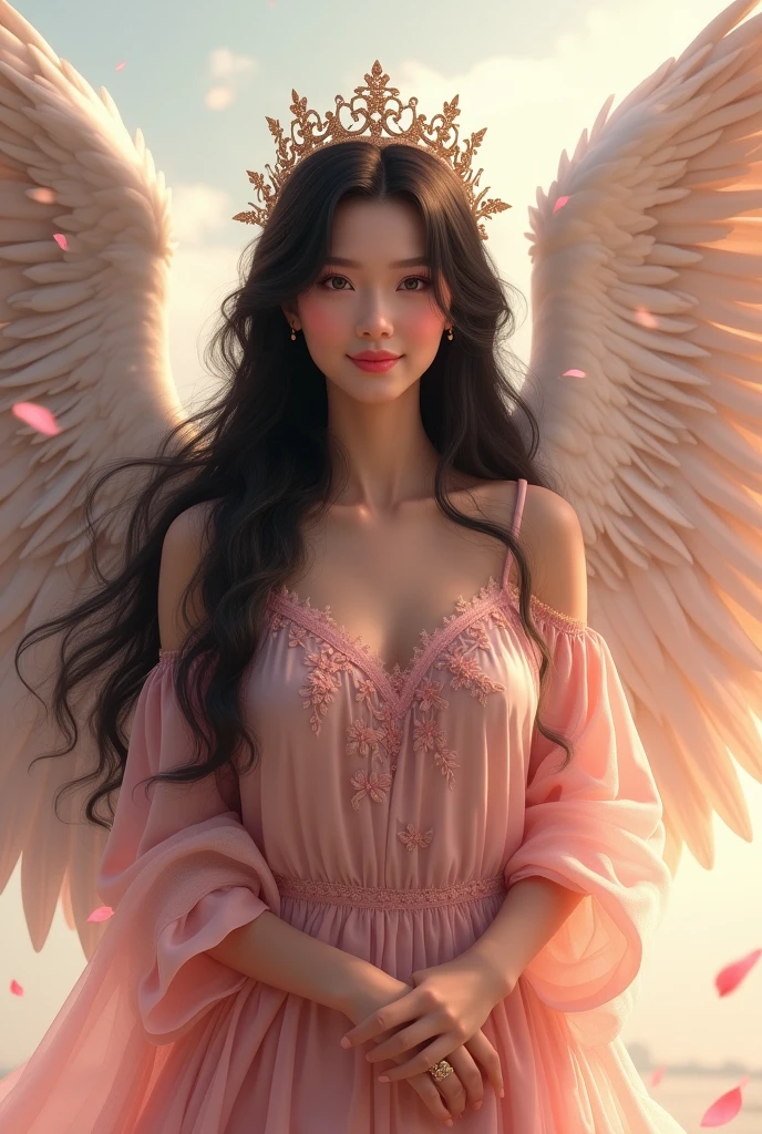 Woman angel with wings pink clothes with roses on her head wings long black hair large breast smiling crown on