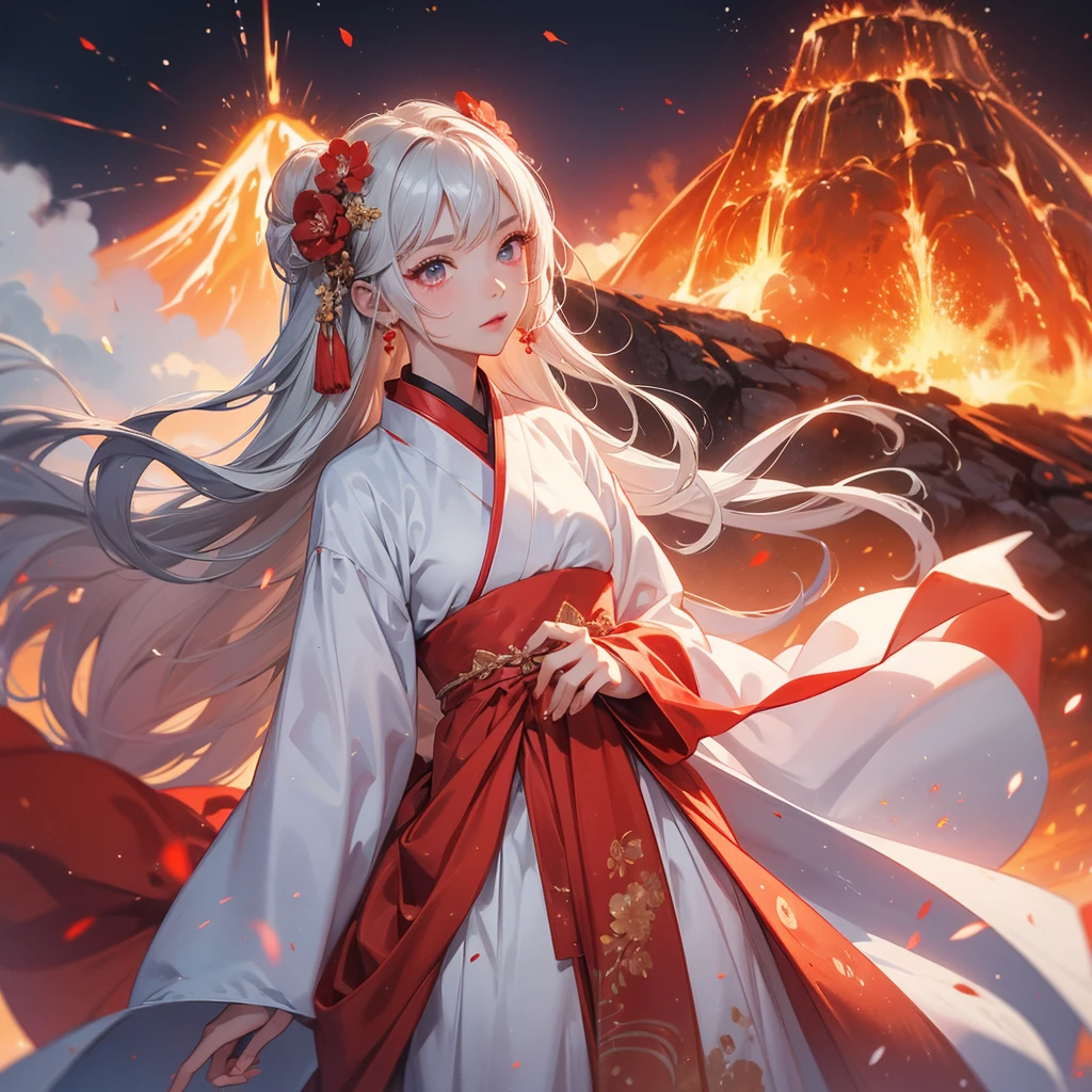 A beautiful female in white hanfu dress , Standing in the middle of Background is a volcano, lava erupting red, close up.