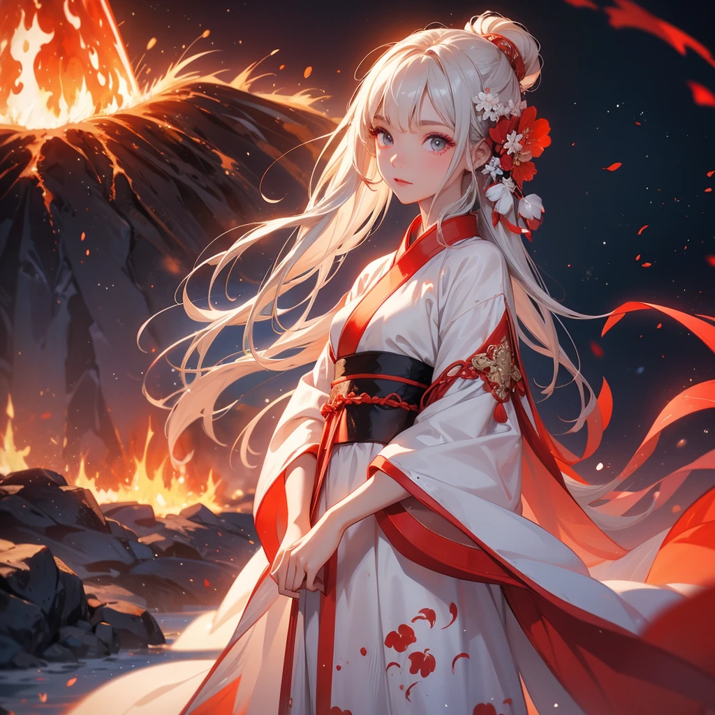 A beautiful female in white hanfu dress , Standing in the middle of Background is a volcano, lava erupting red, close up.