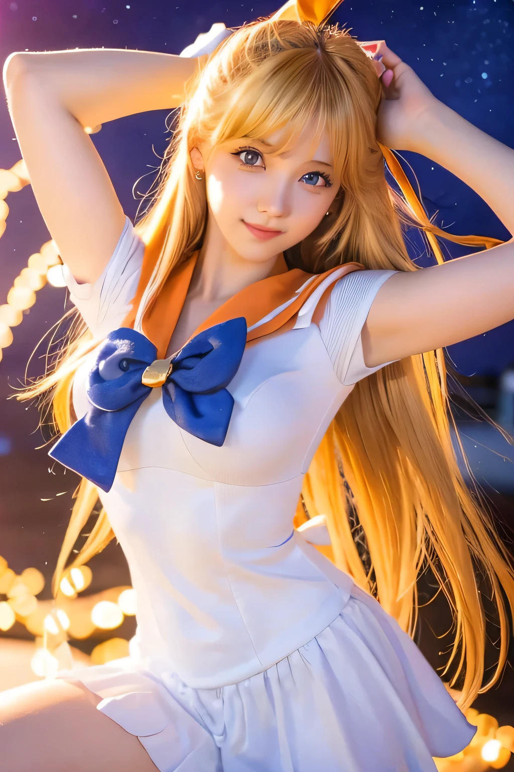 Highest quality,Masterpiece,Sailor Venus,Detailed face,Detailed eyes, She is winking,cowboy shot,Beautiful Skin (arms up behind),View your viewers,Heart effect