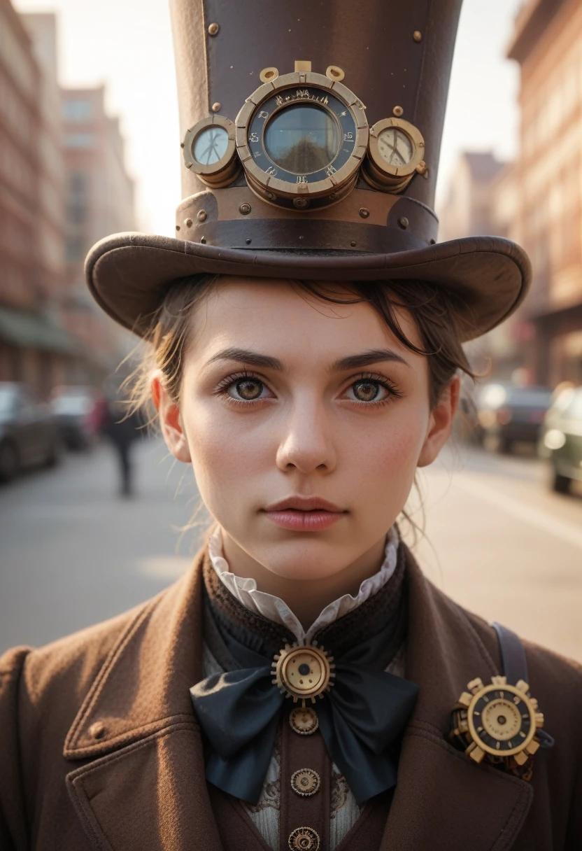 Columbian 19 year old girl, half body view, (front to camera), detailed european face, (aspiring facial expression), (((steampunk style close))), ((steampunk city on the background)), RAW, analog style, ultra detailed photograph, cinematic lighting, artstation, 4k, sharp focus, high resolution, detailed skin, detailed eyes, kneeling, 