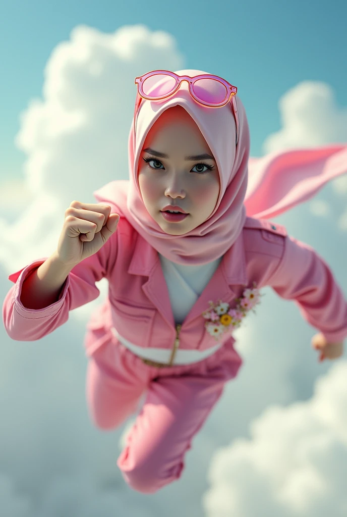 Malaysia women a realistic masterpiece. Human .wear pink watch.. 1girl wearing a hijab. detailed beautiful face, Hijab Muslim. Wear long sleeve moder design mixed sew pink white loose size. Small detail , honeycomb suit. Pink cargo pant.. . anger face, minimalist flower on shirt. . anger face. Open mouth. Fly high beside aeroplane. Wear pink white. Wear small Safety Pink yellow glasses google spectacle top on head. . Age 20 year old. Flying position. Fast fly. Panning effect Photography . Flying high hand under aeroplane have a super strong power.. punch . Fight pose. Bokeh background. fist front.. At the city. Bad waether. , detailed lips, long eyelashes. Hero, modest expression, delicate facial features, natural skin tones, , detailed folds and textures of hijab, natural lighting, high quality, photorealistic, 8k, best quality. Malaysia girl. Floating newspaper. ). . . Braces teeth. Boleh background. Panning effect. Fast flying.