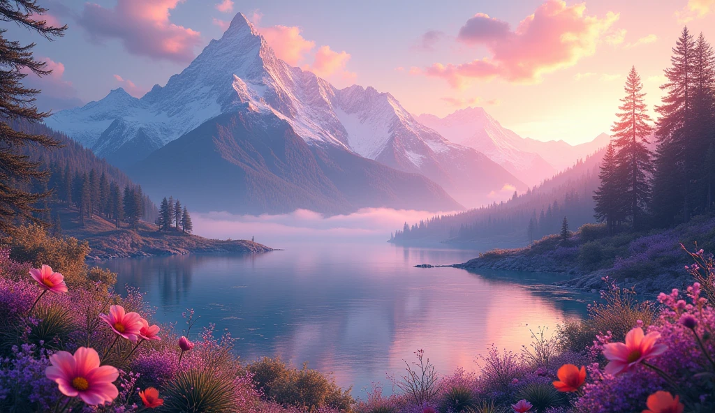Photographic images, mountainous landscape , lake , Beautiful and aesthetic, Soft pink golden hour, Twilight,, Outdoor flowers, Aesthetics of Nature and Flowers, Beautiful images, Great aesthetics, art:Alberto Severo, Multicolored frozen splashes and drops, dream, Surreal Digital Painting , Iridescent glow, 3D Effects, Ultra HD(masterpiece: 1.6, Highest quality), (Beautiful and detailed: 1.2), (CG ユニットの壁紙 8k Very detailed, masterpiece, Very detailed, Best Shadow), (Detailed Background), High Contrast, (Better lighting, Very delicate and beautiful), ((Color paint splash on transparent background, Dulux,)), ((caustic) ), Angle Dynamic, Beautiful sparkle in every detail,