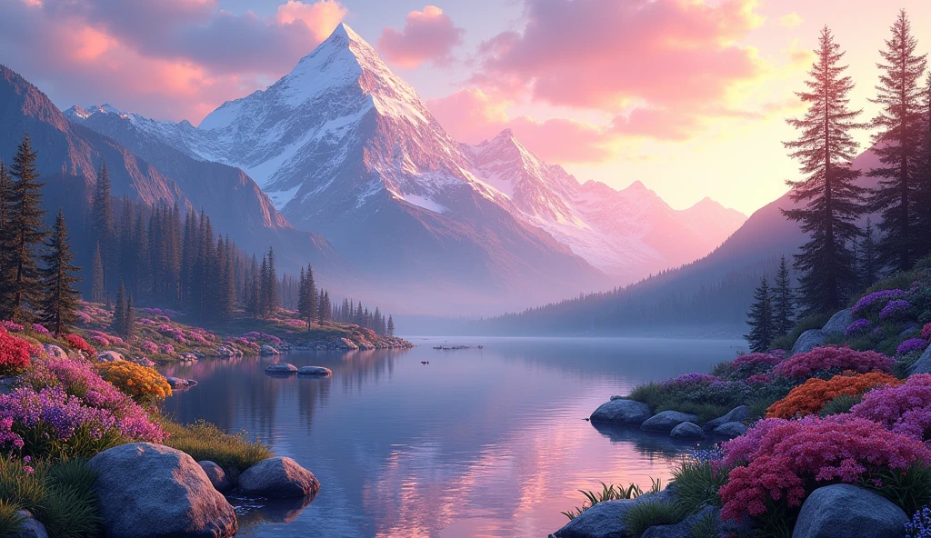 Photographic images, mountainous landscape , lake , Beautiful and aesthetic, Soft pink golden hour, Twilight,, Outdoor flowers, Aesthetics of Nature and Flowers, Beautiful images, Great aesthetics, art:Alberto Severo, Multicolored frozen splashes and drops, dream, Surreal Digital Painting , Iridescent glow, 3D Effects, Ultra HD(masterpiece: 1.6, Highest quality), (Beautiful and detailed: 1.2), (CG ユニットの壁紙 8k Very detailed, masterpiece, Very detailed, Best Shadow), (Detailed Background), High Contrast, (Better lighting, Very delicate and beautiful), ((Color paint splash on transparent background, Dulux,)), ((caustic) ), Angle Dynamic, Beautiful sparkle in every detail,