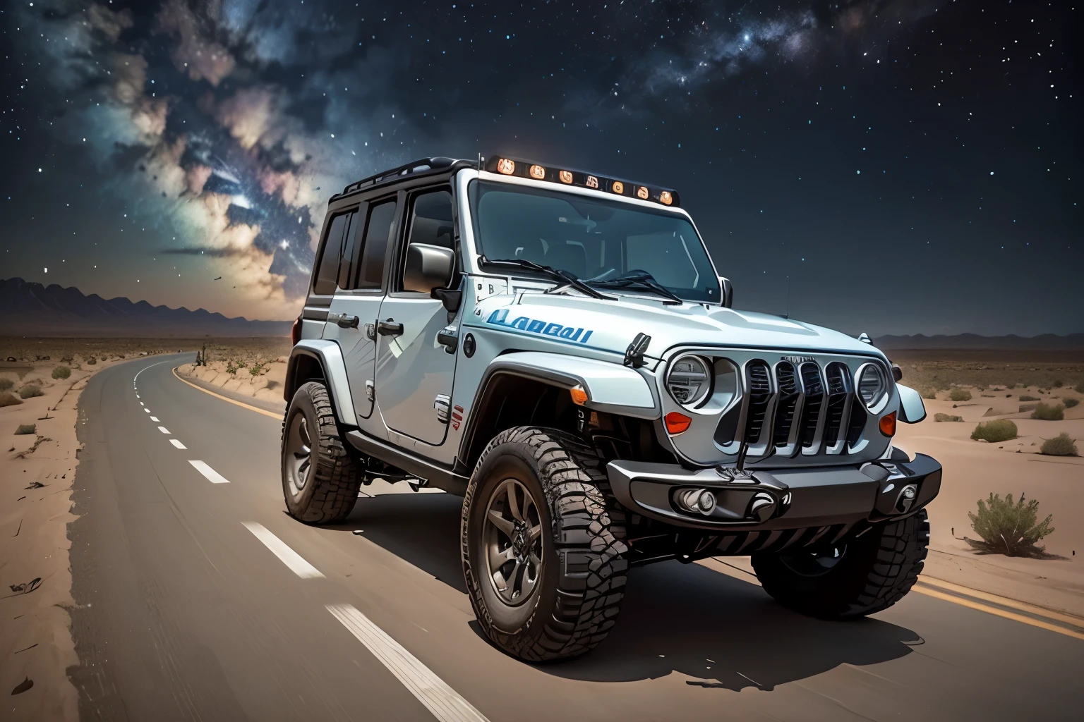 A domineering jeep is speeding on the road under the starry sky in the desert at night,Excellent perspective,Switch to a dark-colored vehicle