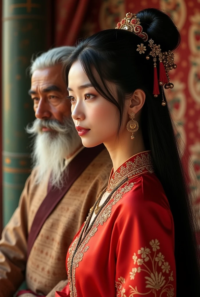 Chinese girl wearing red silky blouse, indian traditional hair style, surrounded by old Indian man