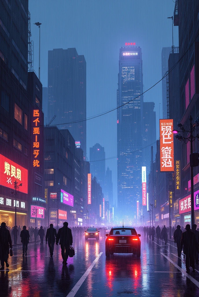 Oil painting of a futuristic street, tall buildings in a distance, purple and blue lights, billboards, people walking on footpath, and cars on the street. Night time, raining, very realistic