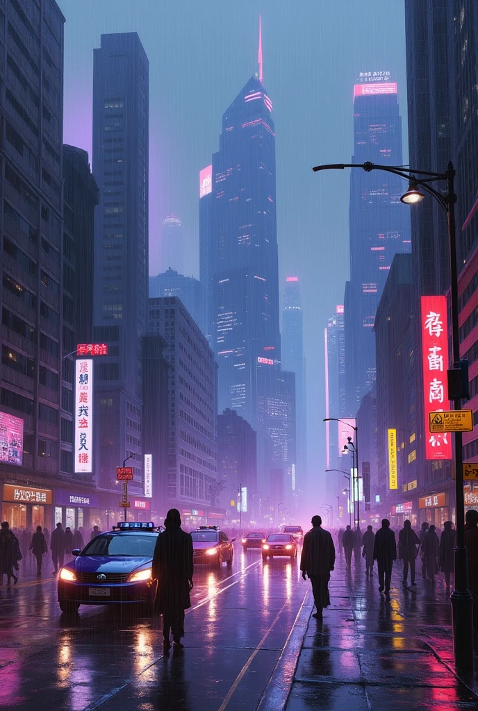 Oil painting of a futuristic street, tall buildings in a distance, purple and blue lights, billboards, people walking on footpath, and cars on the street. Night time, raining, very realistic