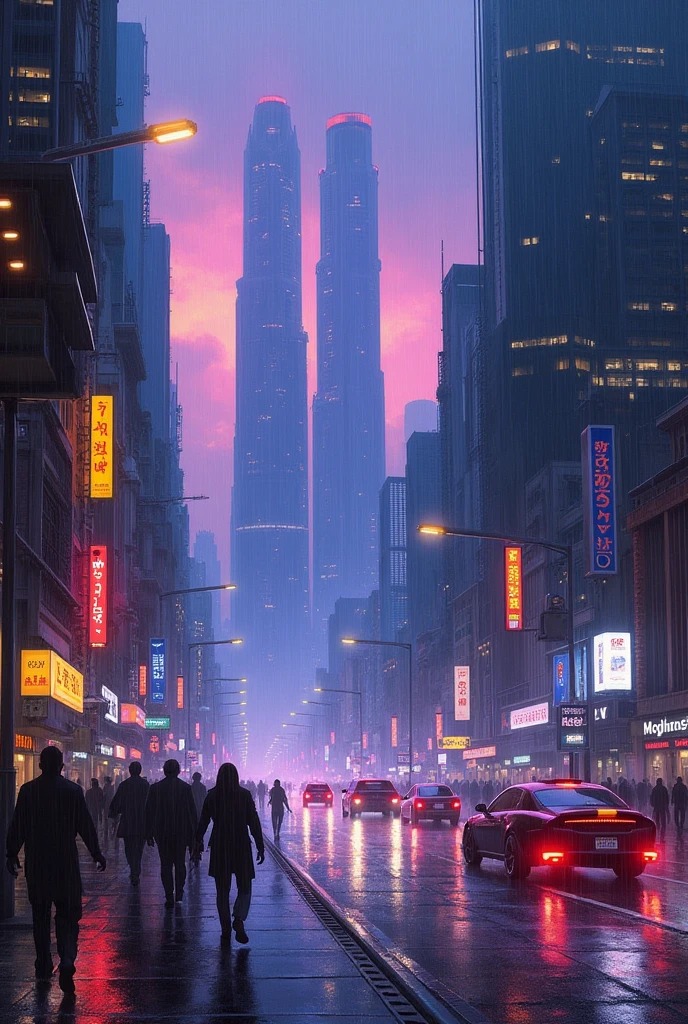 Oil painting of a futuristic street, tall buildings in a distance, purple and blue lights, billboards, people walking on footpath, and cars on the street. Night time, raining, very realistic