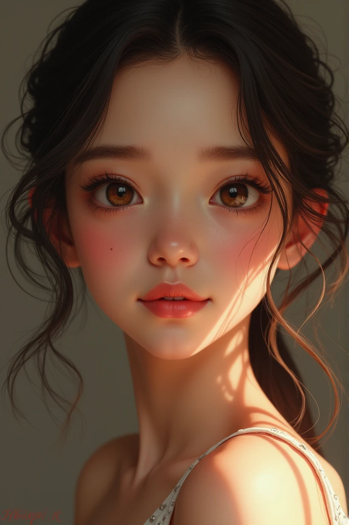 A woman with a round face, a mole on her cheek, a beautiful smile, curved eyebrows, and thin lips.