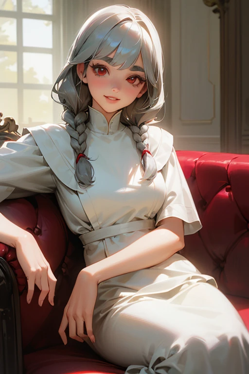 (Highest quality, masterpiece:1.2), High resolution, 最高masterpiece、Very detailed, Realistic:1.37, Fantasy, An illustration,Gray Hair、 Red eyes、Queen, White Dress、beautifully、Eyeshadow Red、Thick eyebrows、Long eyelashes、pupils are black、shiny on the lips、Top Sites、Queen、Princess、A kind smile、Show your teeth a little and smile、Soft impression、people々々々々々々々々々Loved by、Slimming the face、Shoulder Bare、Sexy braids、Kissing Face、Short Bob、Shaggy Bangs、Save face image、((Sit on the sofa)).