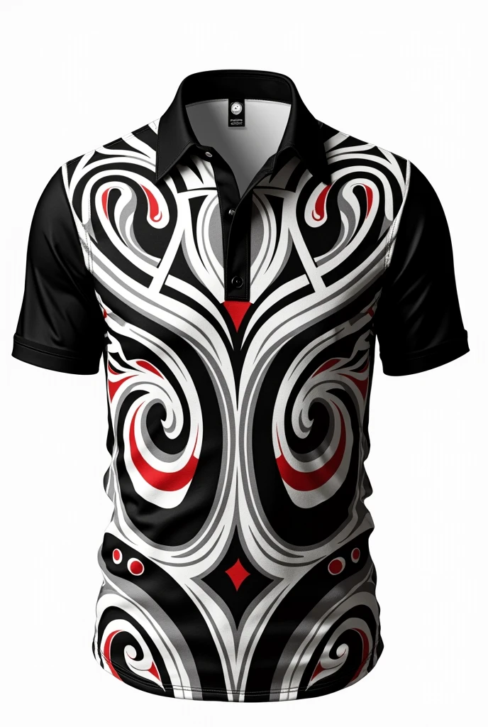 Create collar shirt black collar black red white Maori tribe pattern white background