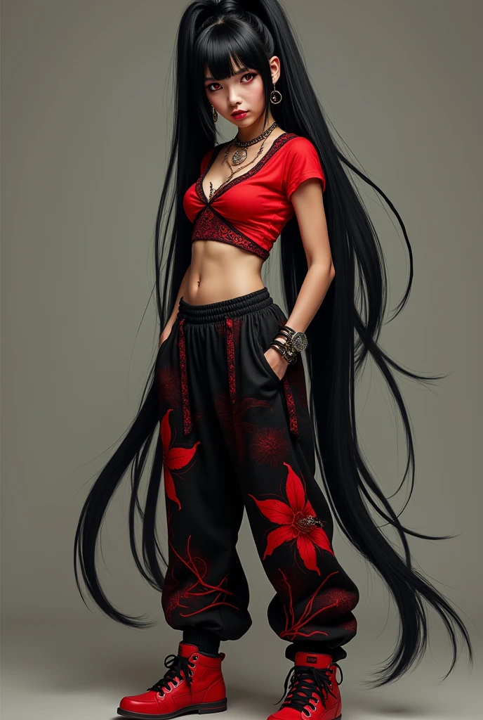 • Rayferrez:
• Appearance: A character with long, glossy black hair tied into a high ponytail that reaches her waist. She has large, mysterious red eyes, which add to her captivating and enigmatic presence.
• Clothing: Rayferrez sports a red crop top with intricate designs, revealing her waist, paired with black loose-fitting pants adorned with red patterns, specifically the red spider lily. She completes her outfit with high-top red sneakers, seamlessly blending street fashion with a modern