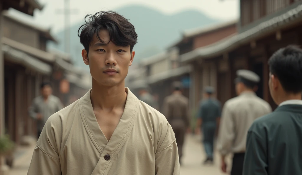In 1930s, A short hair handsome and moral young man of Asian descent, dressed in the brown clothes without on in the middle instead put on over to the left side like to buttwithout a collar, featuring long sleeves, a plain design, and made from a lightweight and cheap material was seen taking care of various people throughout the town from spirit to physic.