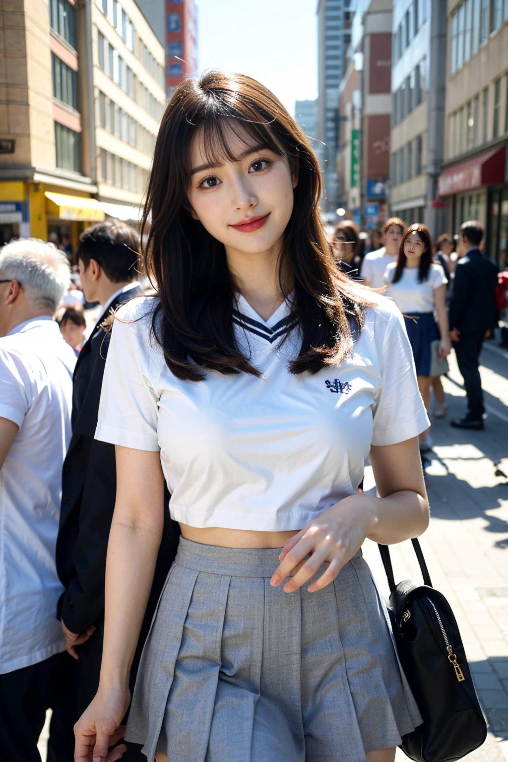 (8K, RAW photos, best quality, masterpiece:1.2), (Practical, photo-Practical:1.4), (extremely detailed 8K wallpaper), Clear focus, Depth of Field, Movie Lighting, Soft Light, Detailed beauty,shiny smooth light brown Long Bob hairstyle, Asymmetrical bangs, Glowing skin, Super delicate skin ,high resolution, High Detail, Detailed hairstyle, Detailed beauty face, hyper Practical, Perfect limbs, Perfect anatomical structure ,1 Japanese girl,Famous Japanese idols, Perfect female body, (Large Breasts:1.38),Smile,Short eyelashes,Double eyelids,Long Bob hairstyle, (Uniforms:1.3),(Mini Skirt Navy Mini Skirt), Looking at the audience, (Crowded city streets:1.3),Cowboy shooting