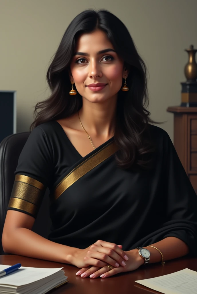 women in black saree age 30 sitting on office table