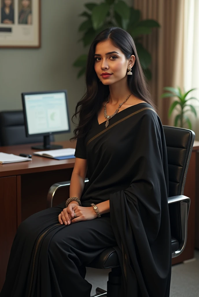 women in black saree age 30 sitting on office table