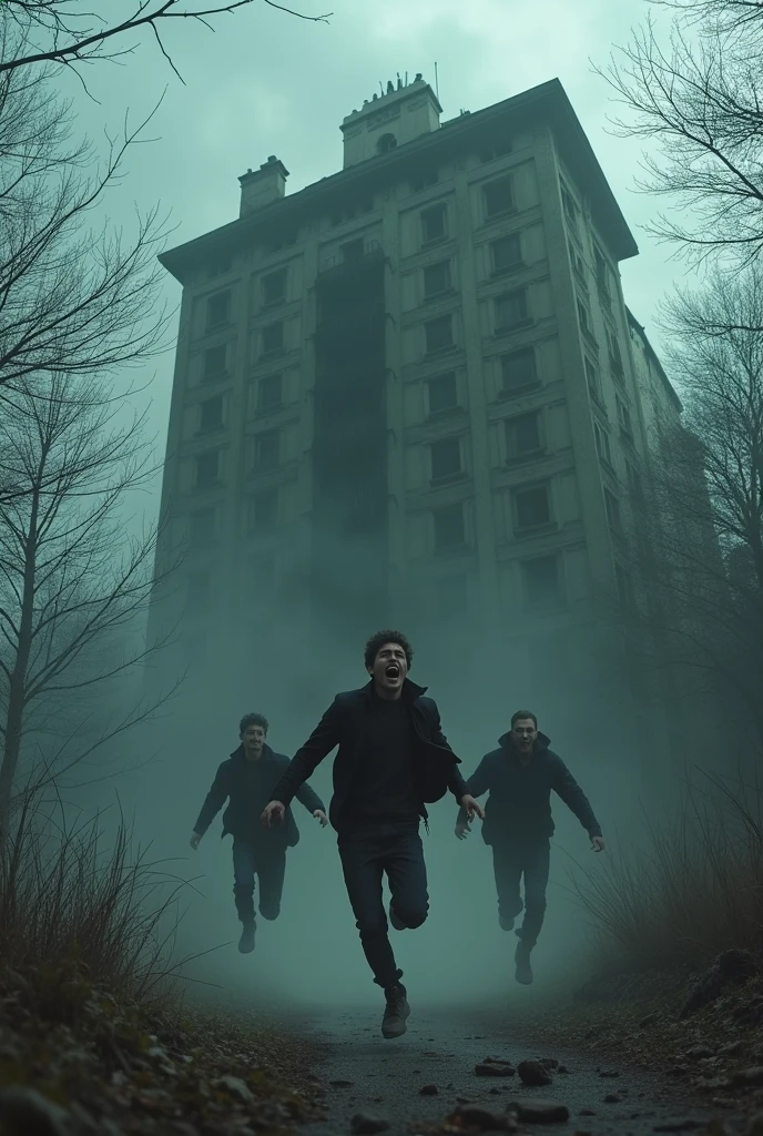Young men jump in terror from a terrifying hotel
