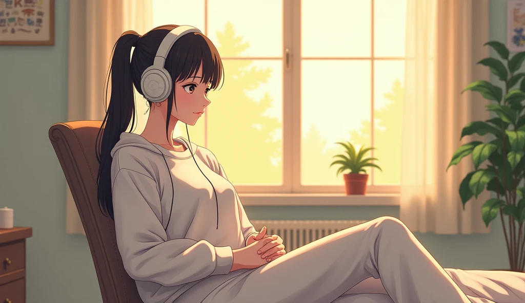 morning、Listen to music in the room、Sit on a chair、high school girl、Big Breasts、 relax、White sweatshirt、ponytail、Use headphones, Bright environment、2D-style animation, Lo-Fi、Retro、Anime style illustrations、Line art with clear outlines