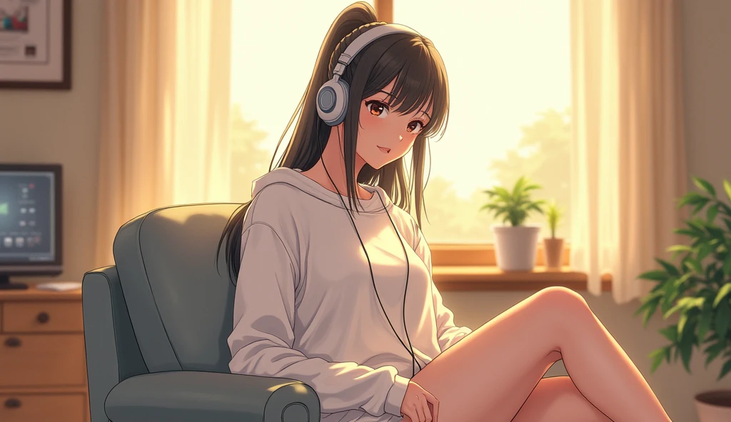 morning、Listen to music in the room、Sit on a chair、high school girl、Big Breasts、 relax、White sweatshirt、ponytail、Use headphones, Bright environment、2D-style animation, Lo-Fi、Retro、Anime style illustrations、Line art with clear outlines