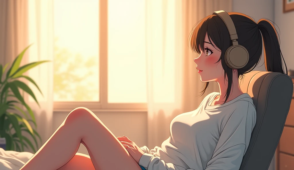morning、Listen to music in the room、Sit on a chair、high school girl、、 relax、White sweatshirt、ponytail、Use headphones, Bright environment、2D-style animation, Lo-Fi、Retro、Anime style illustrations、Line art with clear outlines