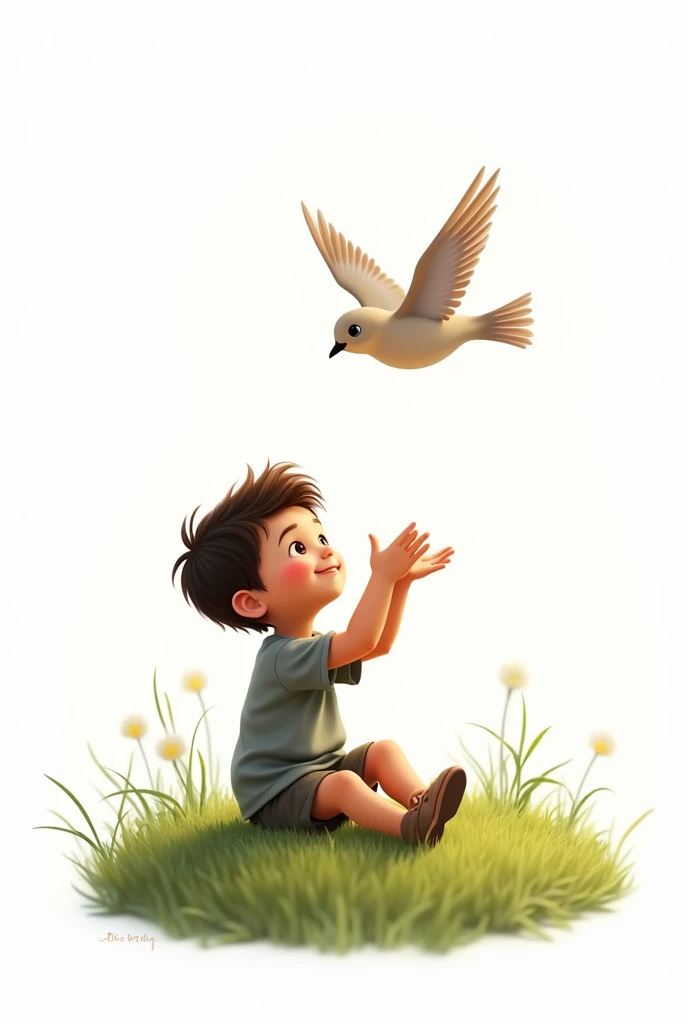 white background,best quality,little smart boy,siting on grass,look at the little bird,raising his hands to the little bird,cute beautiful little bird flying,cute boy smiling