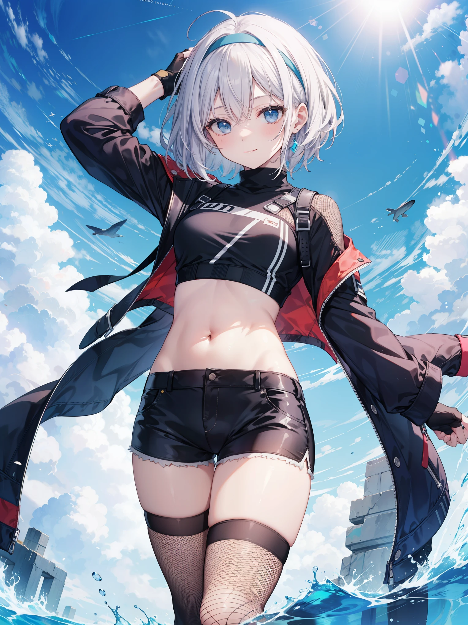 ,Haircuts, pixie cut,
BLAKE crop top, fingerless gloves, fishnet Thighhighs, fishnet, forehead protector, gloves, head band, belly button, short shorts, shorts, single sleeve, No sleeve, No sleeve turtleneck, Thighhighs, turtleneck,
、blue sky、smile, solo,rising_leg,solo,crotch,open_legs,