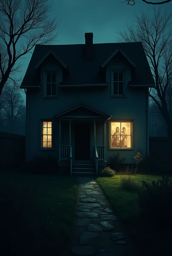 Create a dark, atmospheric image of a once-cozy home now shrouded in shadows. The house should appear slightly dilapidated, with broken windows and an overgrown yard, symbolizing neglect. A dim light should emanate from one window, casting eerie shadows across the facade. Inside, through the window, faint outlines of family photos are visible on the walls, but they appear distorted and unsettling. The scene should evoke a sense of lost warmth and comfort, replaced by an ominous, haunting presence.”

This image would capture the contrast between what a home represents—comfort and security—and the darkness that can envelop it due to neglect or underlying tension.