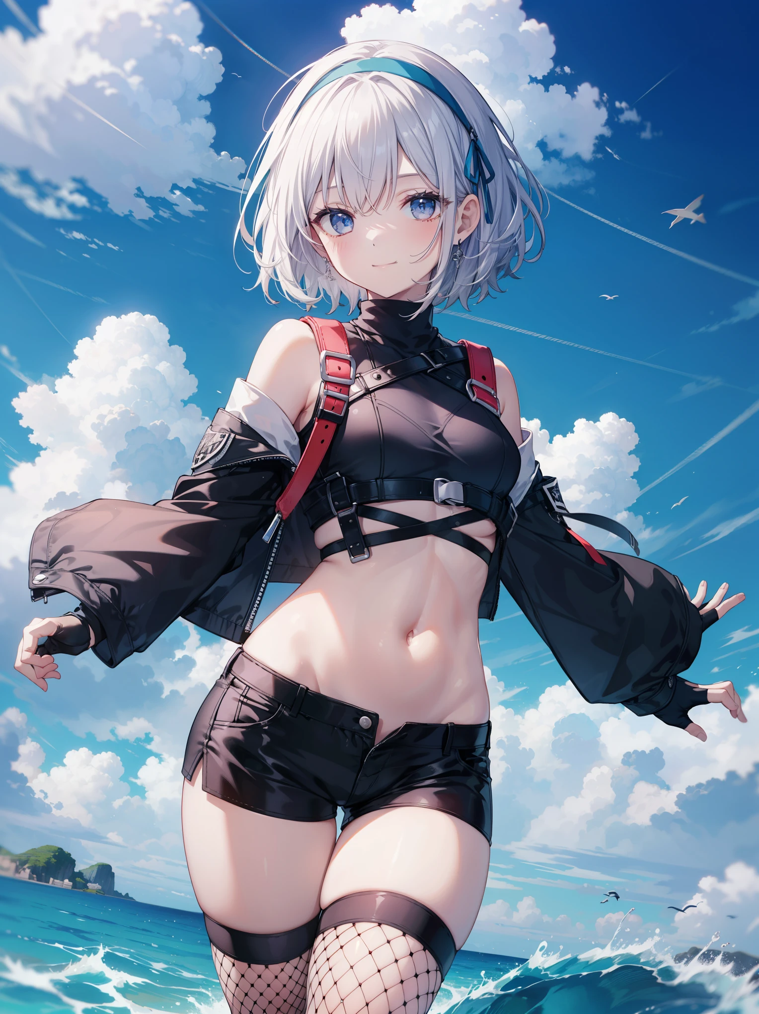 1girl、(((best quality)), ((masterpiece)), (details), masterpiece, best quality, high quality, ulutra detailed, perfect face, ((1girl, Blue eyes, cat ears: 1.3 silver bob hair: 2.5,)) 、Shiny Hair、Glowing Skin、blush、Lustful look、whole body、 hot limit, underboob, smile,Oceanの上に星型のステージ、Take to the stage、Ocean、blue sky、Sunny、