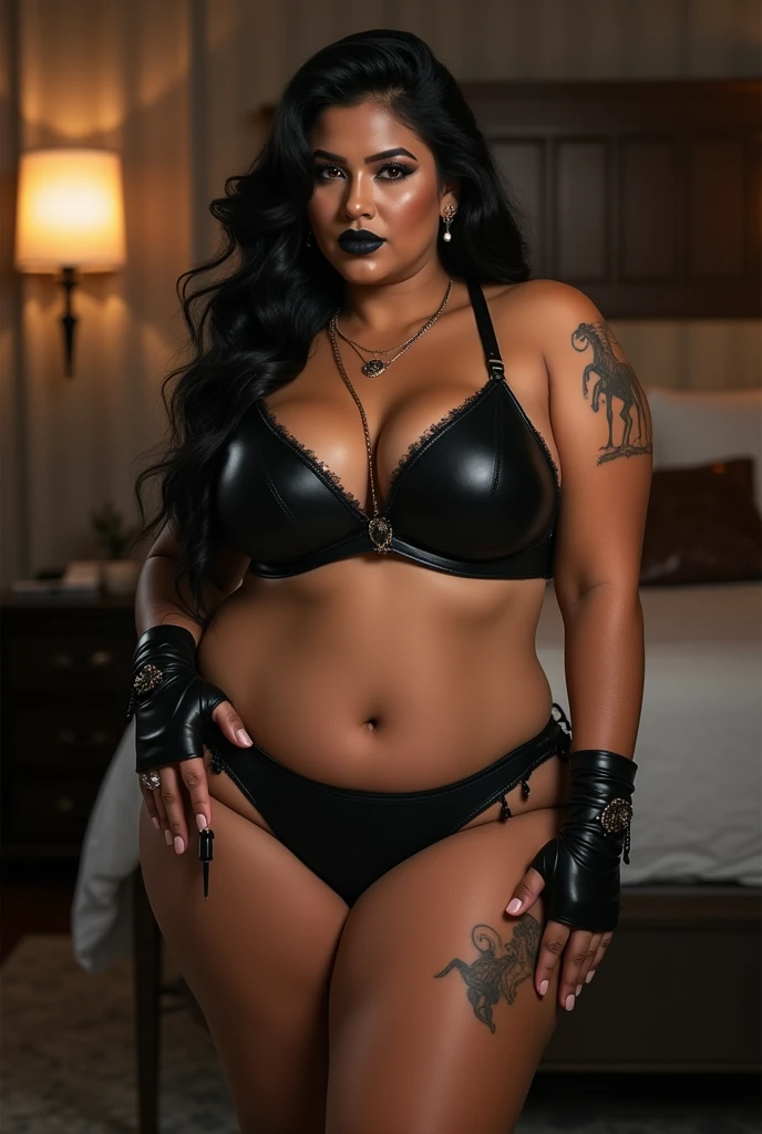 Wet , Kinky , mistress, hunter, Wet BBW PAWG CHUBBY CURVY FAT ASS CURVY mistress her big ass in leather thong and big cleavage in leather bra, dark black lipstick,high heels, inside bedroom , pantyhose, strapon dildo, kinky , femdom, cruel mistress, sex toys,hand gloves with HUNTER and tattoo and strap in neck, Full body picture, 
