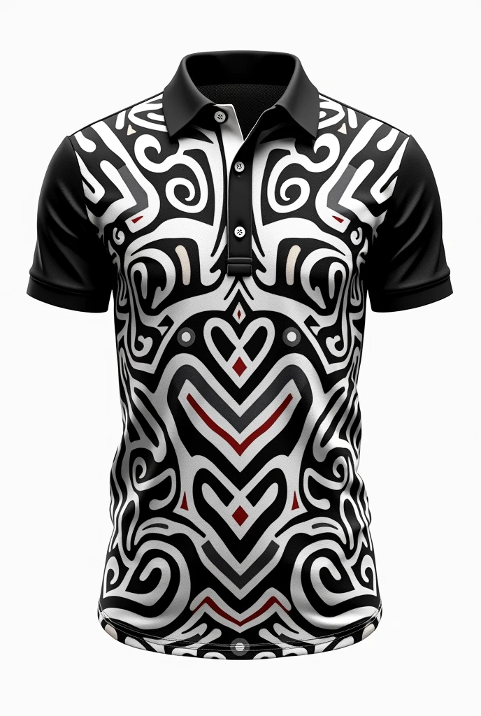 Create collar shirt black collar black red white Maori tribe pattern white background