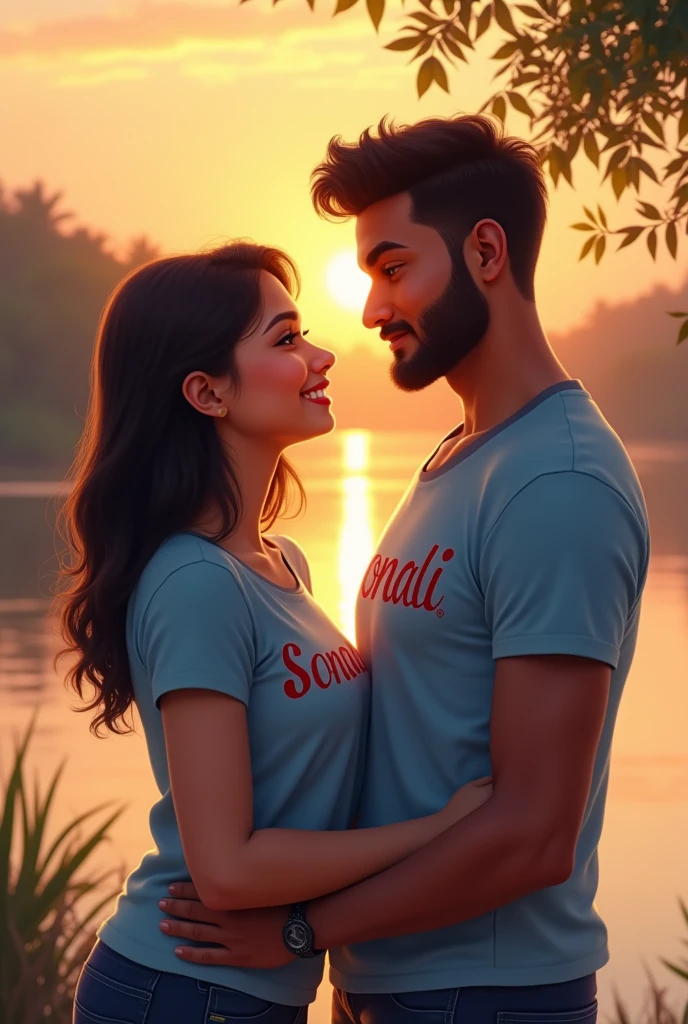A couple on sunset there have a river and both are wearing a t-shirt and boy t-shirt print with Jay and it's color is light blue and girls t-shirt is printed with Sonali. Face with camera side with love and smile face look each other.and both are having Indian face girl is more chubby and boy is slim with new growth beard .both have a straight nose