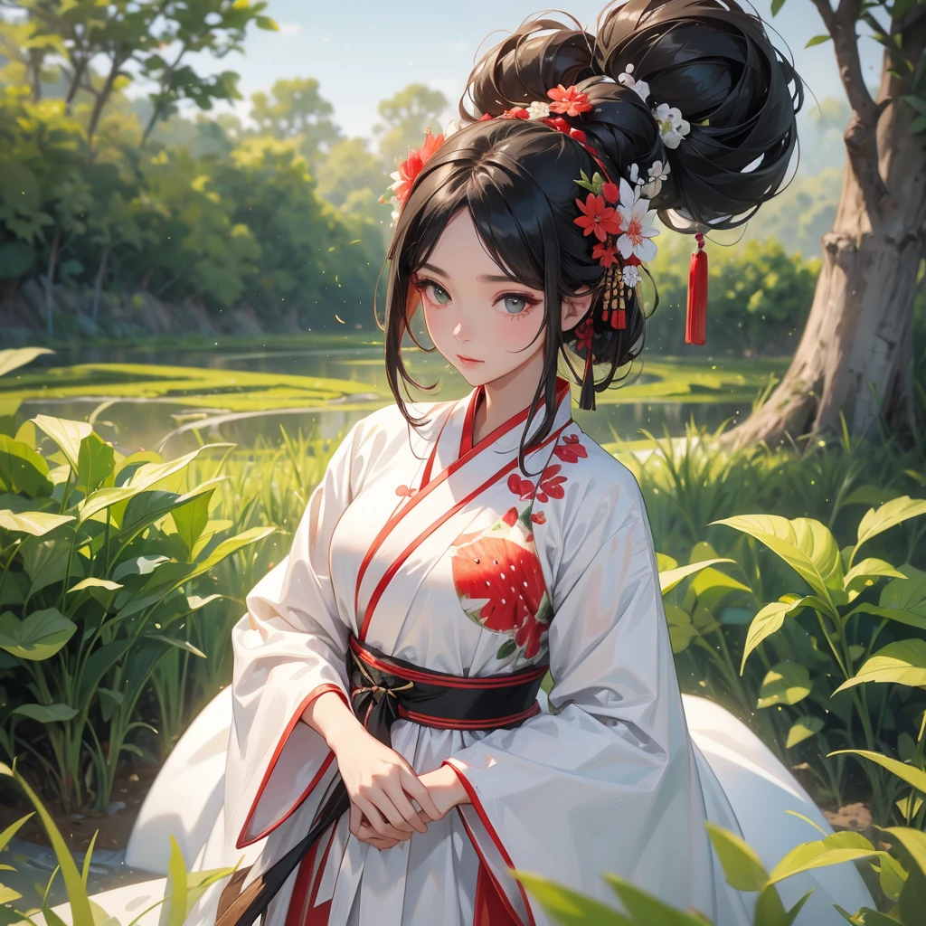 A black hair beautiful female in white hanfu dress , Standing in the middle of The rice fields are full of Big, fresh, green watermelon There is a watermelon cut in half. Beautiful red color, looks very delicious in your hand. close up.